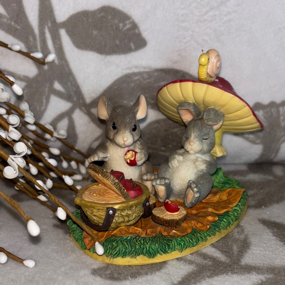 Whimsical Ceramic Mouse and Rabbit Picnic Figurine